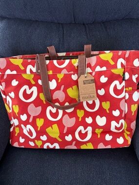 Maika Red Floral Canvas Tote with Brown Handles